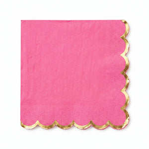 Bright Pink Scalloped Edge Beverage Napkins with Gold Hot Stamp - 5 In. X 5 In.