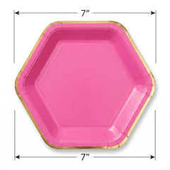 Bright Pink Hexagonal Metallic Paper Plates - 7"