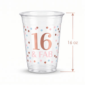 "16 & Fab" Sweet Sixteen Plastic Cups - 16 oz, 20 Pack