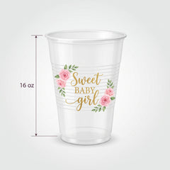 Floral Baby Shower 16oz Plastic Cups - Sweet Baby Girl Design, 25-Pack