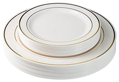 10.25 In. Cream/Gold Line Design Plastic Plates | 120 Count