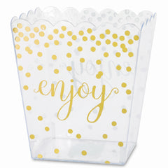 Clear Scalloped Edge Plastic Container with Gold Polka Dots - 55 Oz.