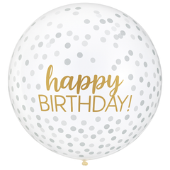 24" Gold & Silver Confetti Latex Balloon - "Happy Birthday"