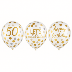 Golden Age 50th Birthday Confetti Latex Balloons, 12-inch, 6-Pack