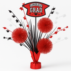 Red Graduation Tinsel Burst Centerpiece with "Congrats Grad" Sign