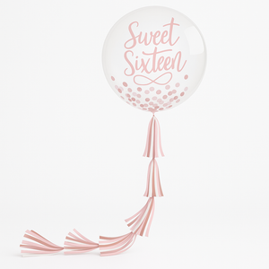Sweet Sixteen Jumbo Latex Confetti Balloon with Tail - Pink/Rose Gold