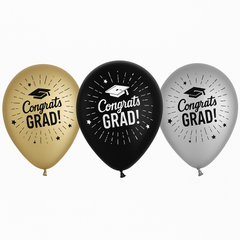 Congrats Grad Printed Latex Balloons - Black, Gold & Silver, 12-Inch, 72-Pack