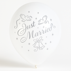 "Just Married" Wedding Latex Balloons, White/Silver, 12-Inch, 15-Pack
