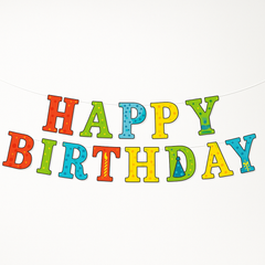 Colorful Happy Birthday Banner with Polka Dots and Party Horns