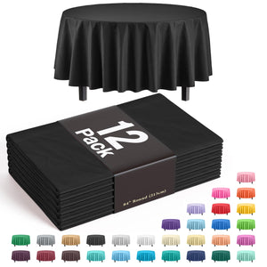 Black Round Plastic Table Covers | 12 Pack - 84 in.