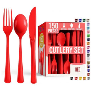 Red Cutlery Combo Set | 50 Forks 50 Spoons And 50 Knives | 7.5 in.
