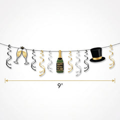 New Year's Eve Top Hat & Swirl Hanging Garland, 9-ft, Black/Gold/Silver