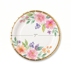 Romantic Floral 7" Round Paper Plates with Gold Trim