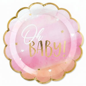"Oh Baby!" Pink and Gold Scalloped Dinner Plates, 10.5-inch, 8 Pack