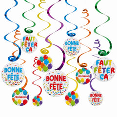 Bonne Fête Spiral Hanging Decorations - Colorful Birthday Party Decor, 12-Pack