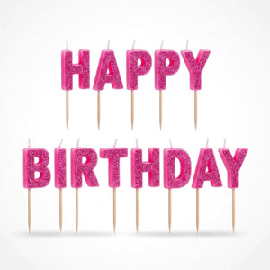Glitter Pink "Happy Birthday" Candle Picks - 13 Piece Set