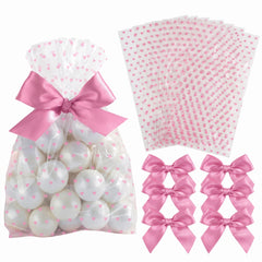 Pink Hearts Baby Shower Treat Bags with Bows - 12 Pack