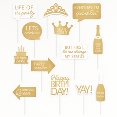 Golden Age Birthday Photo Booth Kit - Metallic Gold Props