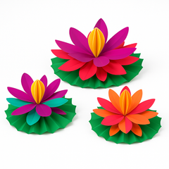 Vibrant Lotus Paper Flower Centerpieces for Diwali Decorations, 3-Pack