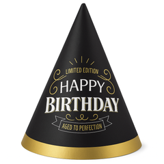 Elegant Black and Gold "Aged to Perfection" Birthday Cone Hat
