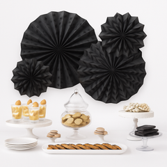 Black Glitter Polka Dot & Chevron Paper Fan Decorations - Set of 4