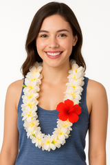 White Floral Plumeria Lei with Red Accent