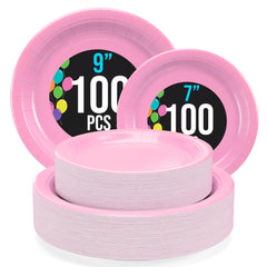 9 & 7 Inch. Pink Paper Plates Combo - 200 Pack (100 of each)