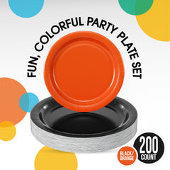 9 & 7 Inch. Black and Orange Paper Plates Combo - 200 Pack (100 of each)