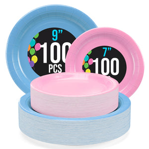 9 & 7 Inch. Light Blue and Pink Paper Plates Combo - 200 Pack (100 of each)