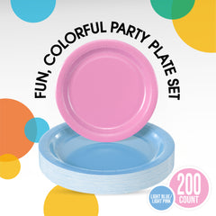 9 & 7 Inch. Light Blue and Pink Paper Plates Combo - 200 Pack (100 of each)