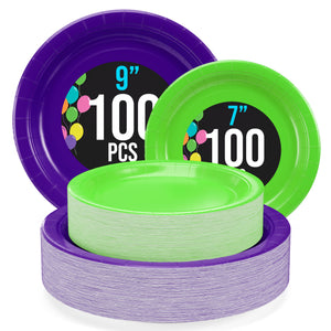 9 & 7 Inch. Purple and Lime Paper Plates Combo - 200 Pack (100 of each)