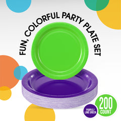 9 & 7 Inch. Purple and Lime Paper Plates Combo - 200 Pack (100 of each)