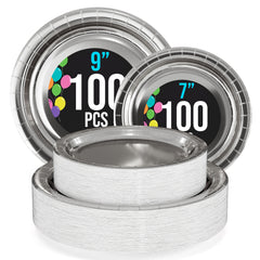 9 & 7 Inch. Silver Paper Plates Combo - 200 Pack (100 of each)