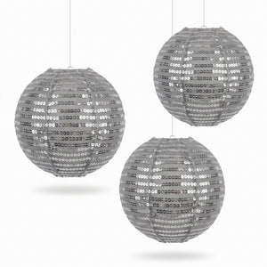 Silver Sequin Fabric Lanterns - 9.5-Inch, Set of 3