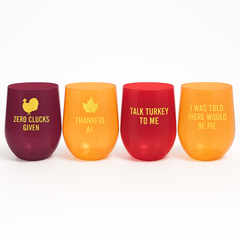 Friendsgiving Fun Stemless Wine Glasses Set, 4-Pack - Thanksgiving Cheers