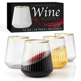 12 Oz. Stemless Ridged Wine Tumbler 24 Count | Clear/Gold
