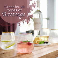 12 Oz. Stemless Ridged Wine Tumbler 24 Count | Clear/Gold