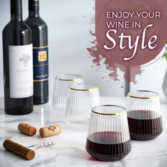 12 Oz. Stemless Ridged Wine Tumbler 24 Count | Clear/Gold