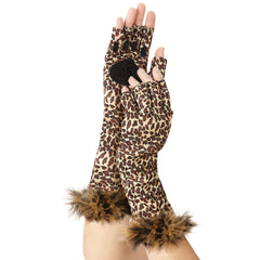 Adult Leopard Print Fingerless Gloves with Fur Trim - Halloween Costume Accessory