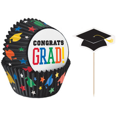 "Congrats Grad" Graduation Baking Cups & Picks Set, Multi-Coloured, 24-Pack