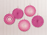 Mini Bright Pink Patterned Paper Fan Decorations, 5-Pack