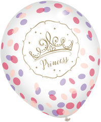 Little Gym - Disney Princess Once Upon A Time Round Transparent Confetti Latex Balloons, Purple/Pink/Gold, 12-in, for Birthday Party - 6 Ct.