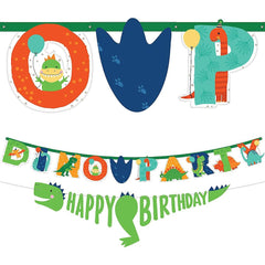 Little Gym - Dino-Mite "Happy Birthday" Dinosaur Hanging Garland Banner Decoration, Green/Blue/Orange, 12.75-in, for Birthday Party - 2 Ct.
