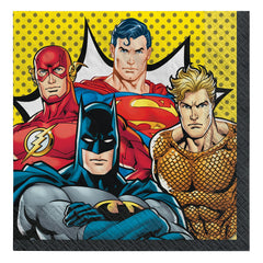 Little Gym - DC Justice League Batman/Superman/Aquaman/Flash Square Paper Disposable Lunch Napkins, Multi-Coloured, 6.5-in, 2-ply, for Birthday Party - 16 Ct.