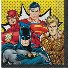 Little Gym - DC Justice League Batman/Superman/Aquaman/Flash Square Paper Disposable Lunch Napkins, Multi-Coloured, 6.5-in, 2-ply, for Birthday Party - 16 Ct.