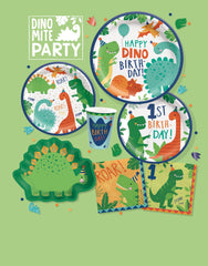 Little Gym - Dino-Mite "Happy Dino Birthday" Dinosaur Round Paper Disposable Lunch Plates, Blue/Green, 9-in, for Birthday Party - 8 Ct.
