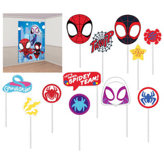 Little Gym - Disney Marvel Spidey & His Amazing Friends Plastic Scene Setter Background Decoration with Photo Booth Props, Blue/Red, 14.5-in, for Birthday - 16 Ct.