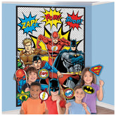 Little Gym - DC Justice League "Zap Pow Boom" Plastic Scene Setter Background Decoration with Photo Booth Props, Multi-Coloured, 65-in, for Birthday Party - 16 Ct.