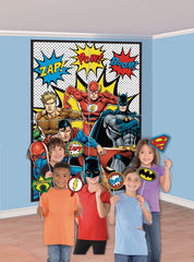 Little Gym - DC Justice League "Zap Pow Boom" Plastic Scene Setter Background Decoration with Photo Booth Props, Multi-Coloured, 65-in, for Birthday Party - 16 Ct.