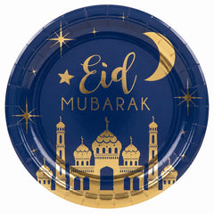 Eid Mubarak Round Plastic Serving Platter - Blue & Gold, 14"